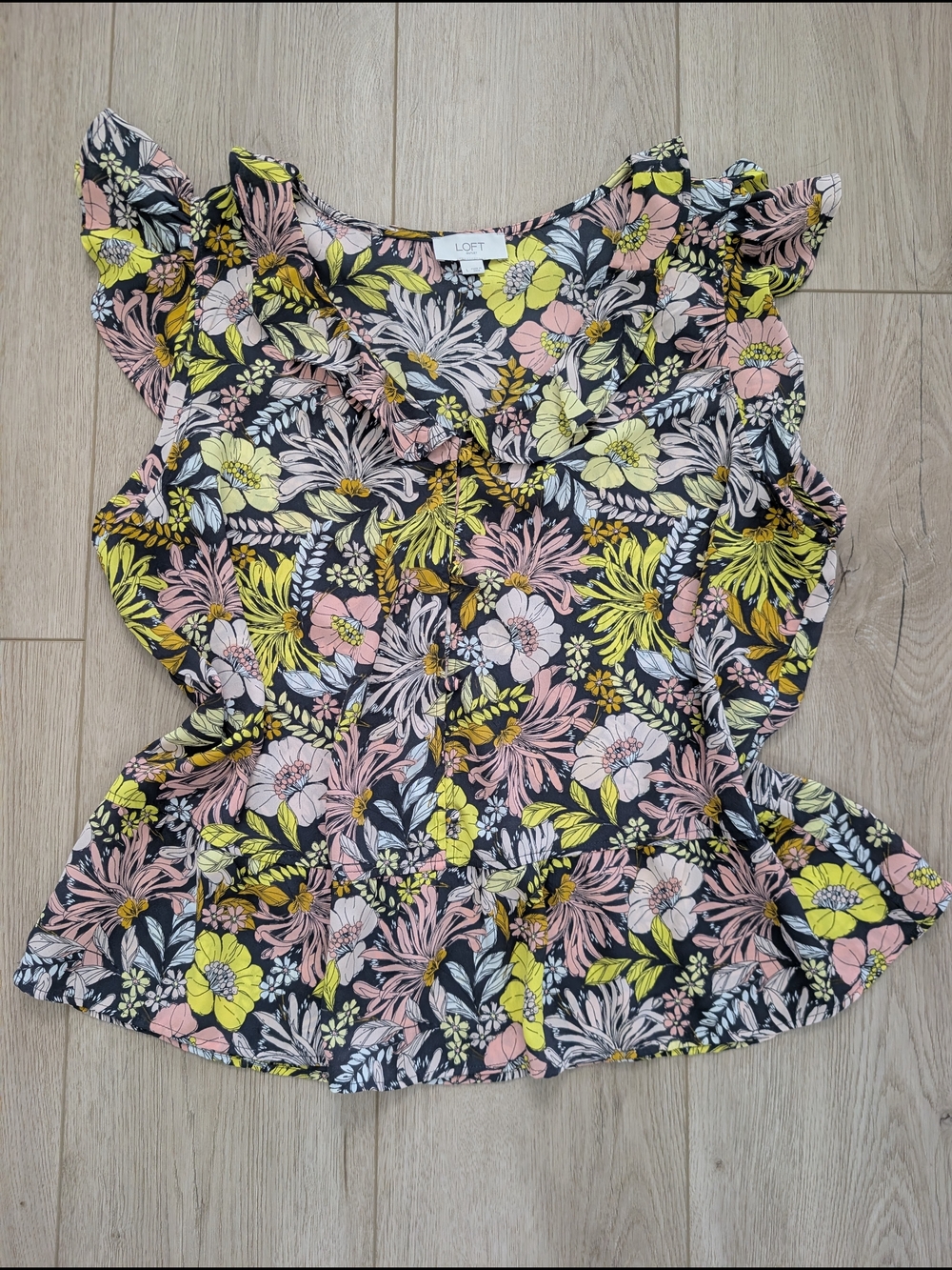 LOFT Floral Ruffle Sleeve Blouse in Black, Pink & Lime - Picture 8 of 12